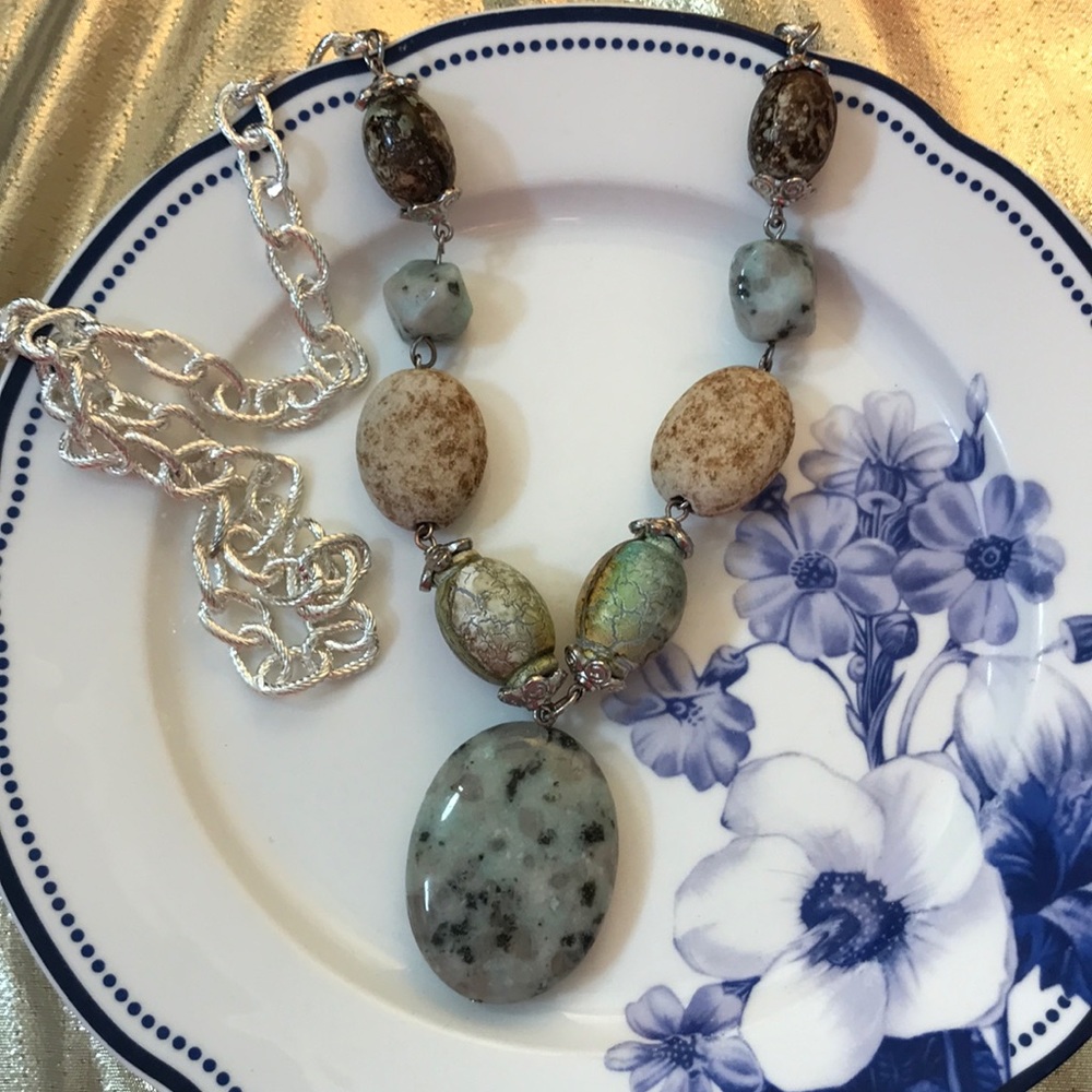 Vintage Stone Beaded Long Necklace Link Chain - Picture 3 of 7